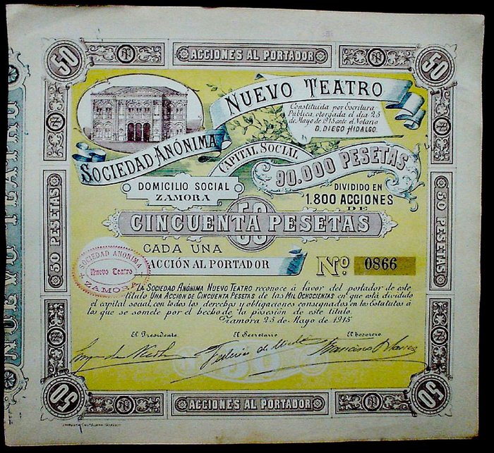 Verzameling van obligaties of aandelen - S. A. Nuevo Teatro Zamora 50 Ptas. 1918