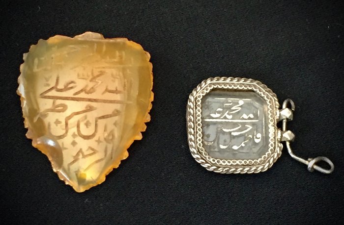 Islamitisch amulet en talisman (2) - Carneool en bergkristal - Talismanische aanroep - Ta'wiz,( taweez, tawiz), Islamic talismans - Iran - 18e eeuw