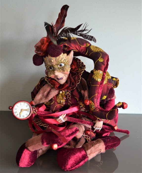 Bambola veneziana arlecchino con meccanismo musicale - porcellana, tessuto, metallo
