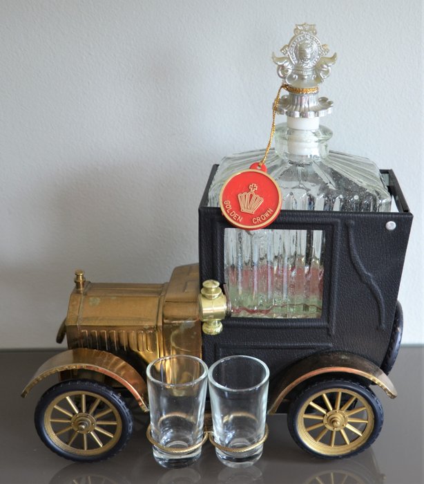 音樂盒Vintage 1973 Vintage Crown Golden Ford 1918帶玻璃水瓶和利口酒眼鏡 - 金屬，塑料，玻璃