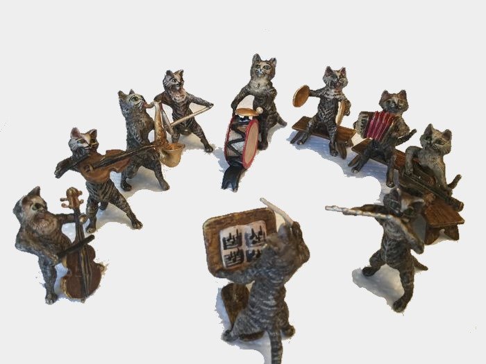 Γλυπτική, πανέμορφη ορχήστρα με 10 μουσικούς γάτες στη Βιέννη χάλκινο (10) - Μπρούτζος (Ψυχρή κατεργασία) - Early 20th century