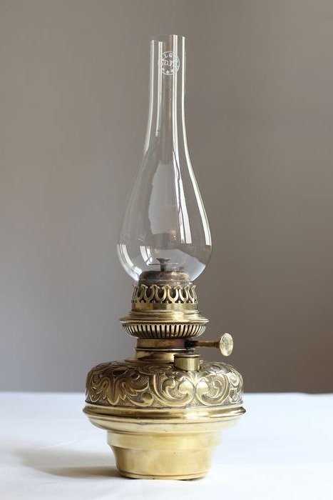 Lempereur & Bernard - L&B - Lampe Belge - Lampada a cherosene decorata con gusto - Vetreria Belgica DF - Cotone, Rame, Vetro