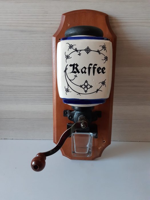 Vacker gammal Raffee kaffekvarn - väggmodell - Tyskland - tidigt 1900-tal (1) - porslin - trä - glas - metall