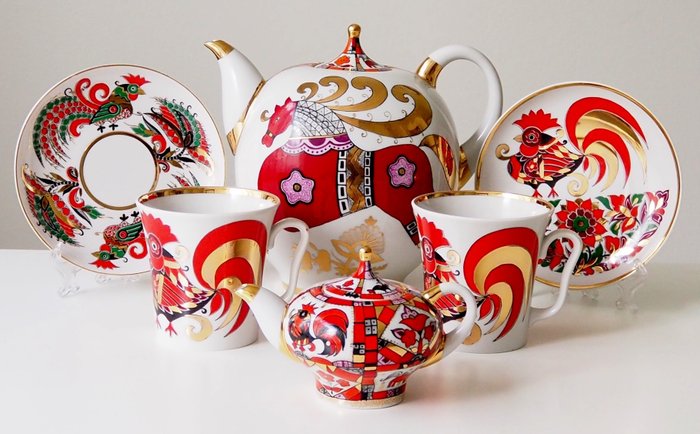 Lomonosov Imperial Porcelain Factory - Service à thé "Red Horse - Rooster" - Or, Porcelaine