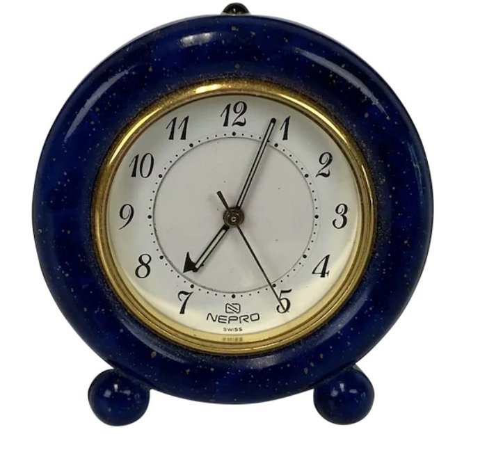 Ceas cu alarmă în miniatură în Lapis Lazuli - Nepro - Aurit - mijlocul secolului al XX-lea