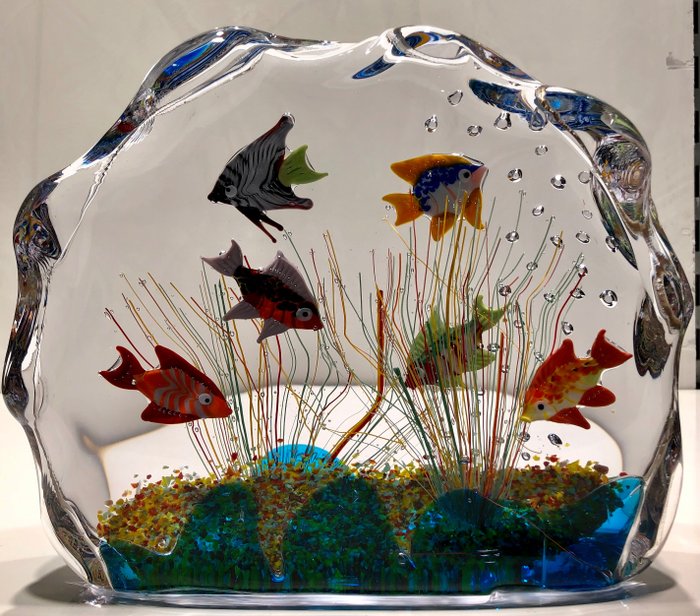 Mariano Moro - Murano - Sculpture d'aquarium avec des poissons tropicaux (1) - Verre