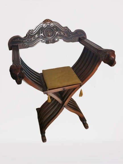 Savonarola-帶有70年代原創靠墊的老式折疊椅 - 木, 紡織品