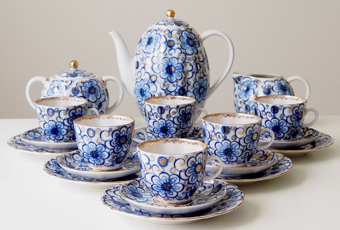Nina Slavina - Lomonosov Imperial Porcelain Factory - Conjunto de café "Bindweed" para 6 pessoas (21) - Ouro, Porcelana