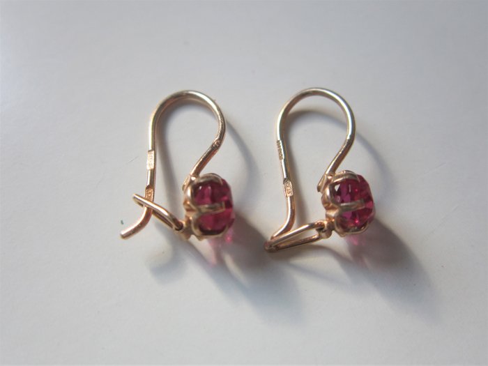 14K包金 玫瑰金 - 古董耳环俄罗斯583玫瑰金中的6.6毫米红宝石耳环！ ！ 红宝石