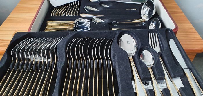Solingen Happy Baron - 12 person new luxury cutlery in suitcase (72) - 18/10 stainless steel 23/24 carat gold-plated rim
