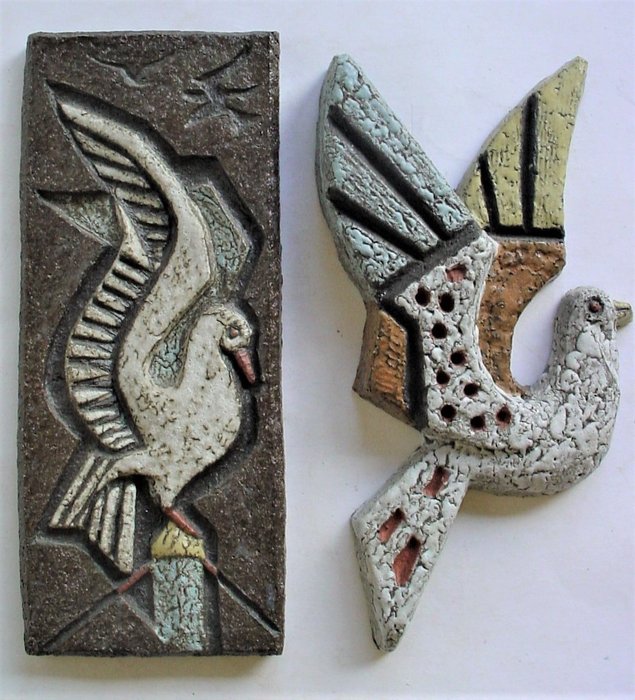 Joop Puntman - AMHA (Het Ambacht Haalderen) - To veggdekorasjoner, fugler - Keramikk