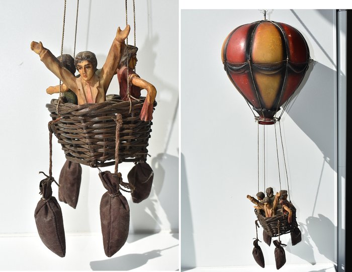 Vintage hot air balloon with basket and passengers - plastic - papier maché? - reed - fabric