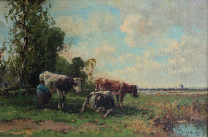 Jan van der Heijden (1911-1992) – Boer met koeien in landschap