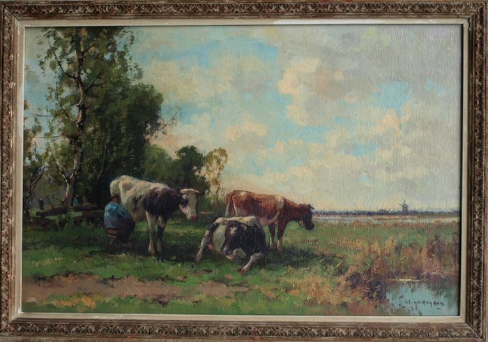 Jan van der Heijden (1911-1992) – Boer met koeien in landschap