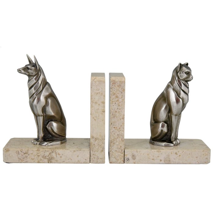 Fermalibri in bronzo Art Déco a forma di cane e gatto