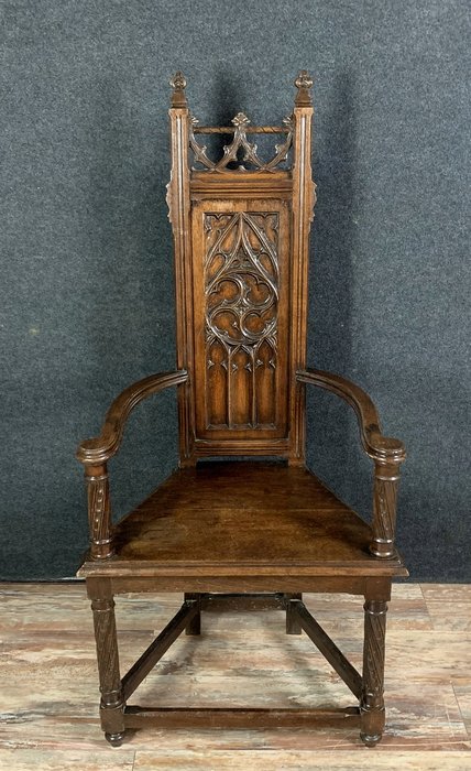 Rare fauteuil cathèdre Renaissance gothique en bois naturel - Bois