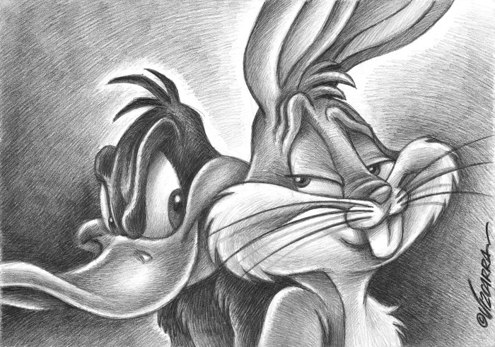Bugs Bunny and Daffy Duck - Looney Tunes - Original Drawing - Joan Vizcarra - Page volante - Art de crayon