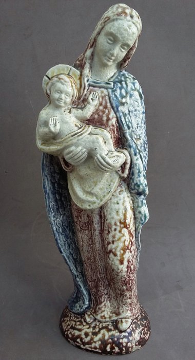 Keramist Edmund Wessling - Keramisch Atelier Terraco Draak Sint Joris Beesel - Beeld Sculptuur - Madonna Maria kind Jezus - Steengoed gres zoutglazuur
