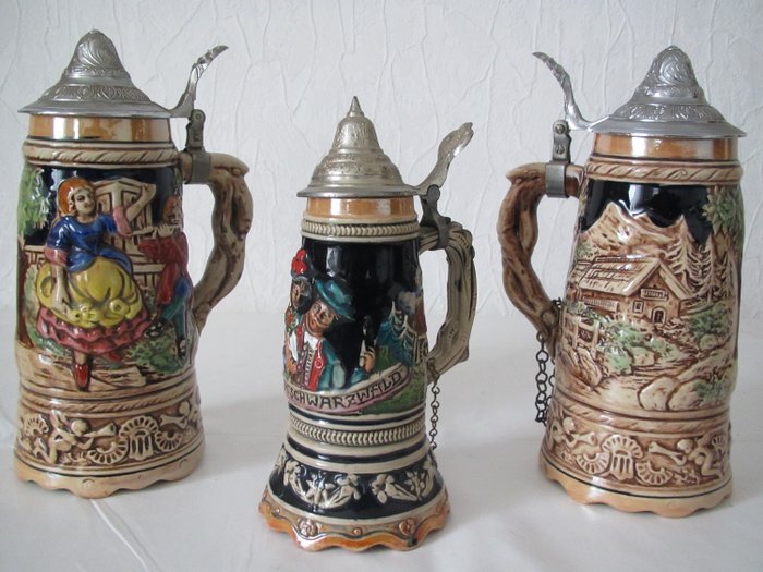 3 boccali di birra tedeschi con coperchio di latta, con carillon / scatola musicale - terracotta, metallo