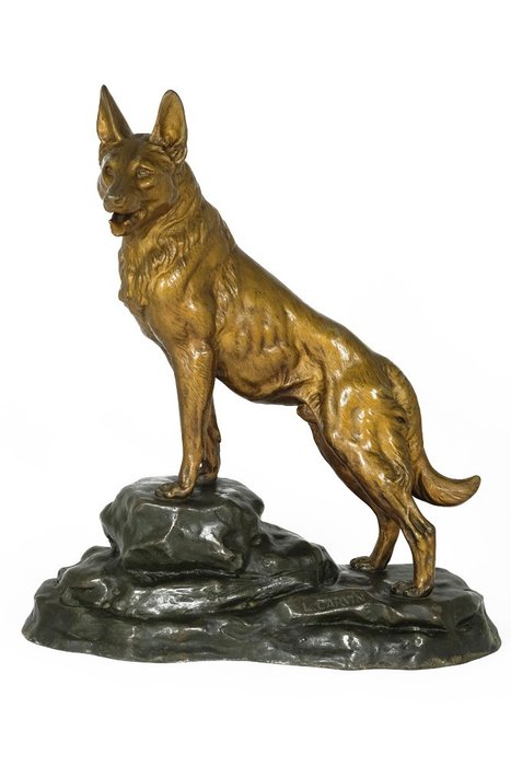 Louis-Albert Carvin (1875-1951) - Skulptur, Schäferhund stehend auf einem Felsen - 42 cm - Zamak-Legierung - Ca. 1910