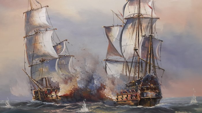 J. Harvey - Galleon Ships in Full Battle At Sea