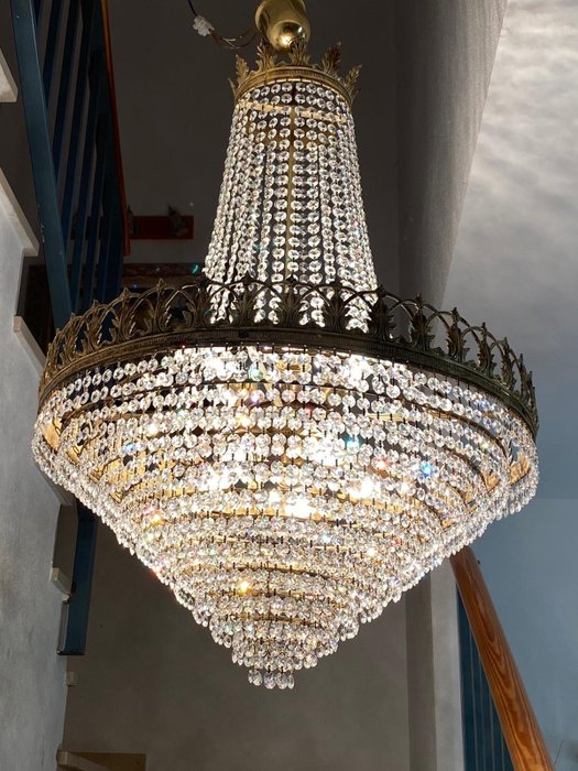 Antigua Lámpara Araña de Bronce con Lágrimas de Cristal Chandelier - con sus 10 Focos de Luz - 100cm - Candeeiro de teto (1) - Araña