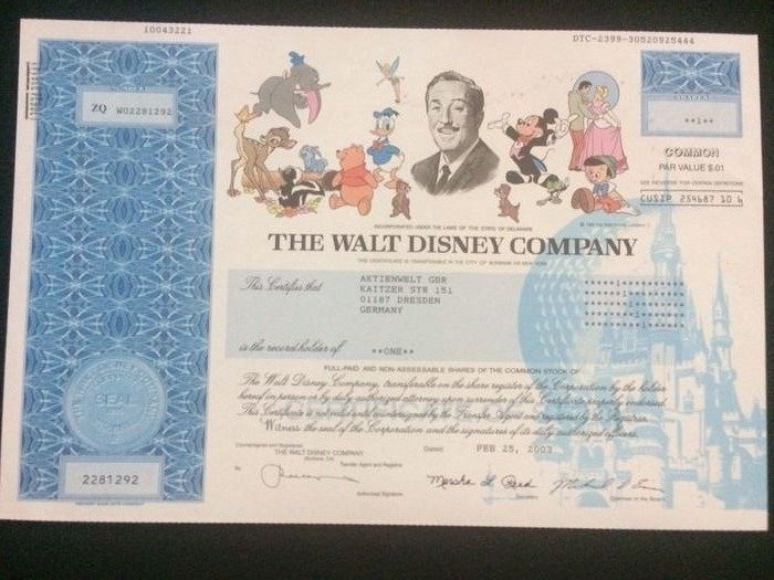 Walt Disney Company  Stock Certificate 2003 (1) - Paper