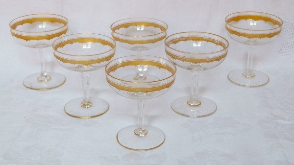 Saint Louis - 6 champagneglass gyllent fint gull - Roty modell - Krystall