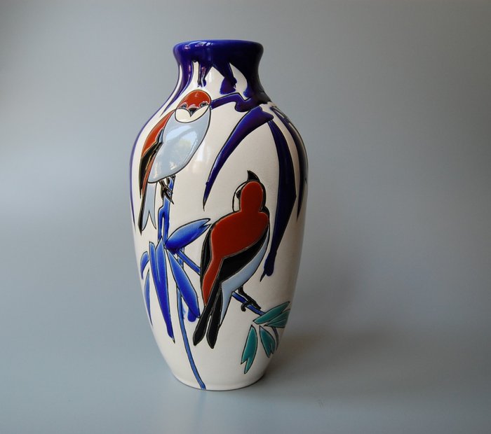 Charles Catteau - Keramis - 裝飾藝術的花瓶，帶有程式化的鳥類和植物圖案-D1322