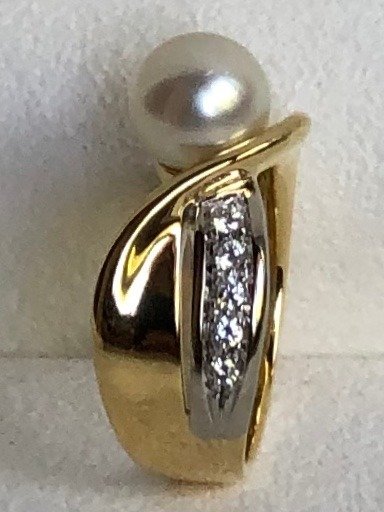 Asayo - 18 kt Akoyapärla, Guld, 8 mm - Ring - Diamanter