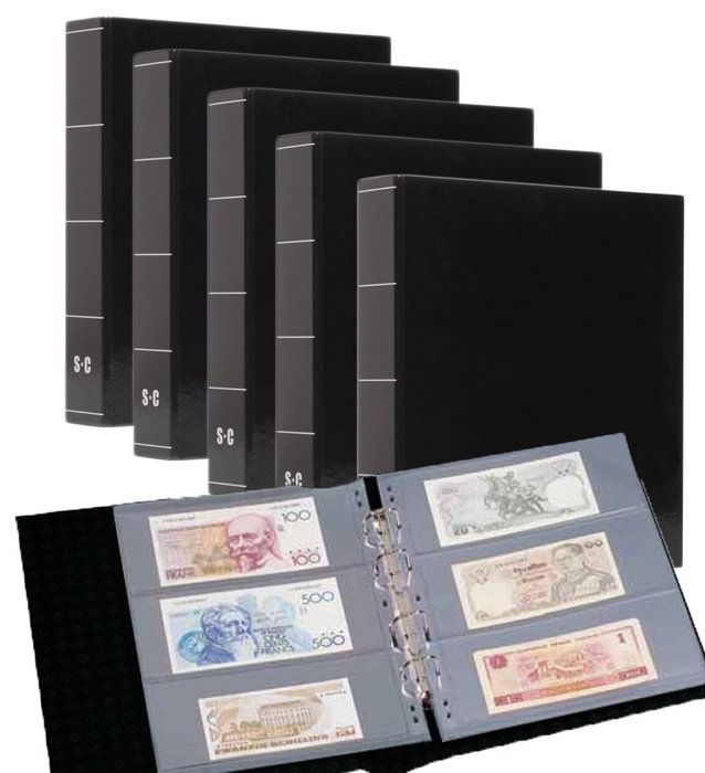 Accessories. 5 x Leuchtturm GRANDE banknote albums + 50 GRANDE 3-compartment sheets - NEW