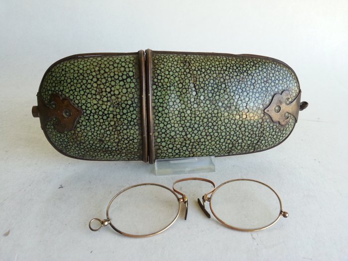 19世紀後半葉的古董中國射線皮膚深綠色眼鏡盒和眼鏡 - 羅格皮膚 - 中國 - 19世紀末