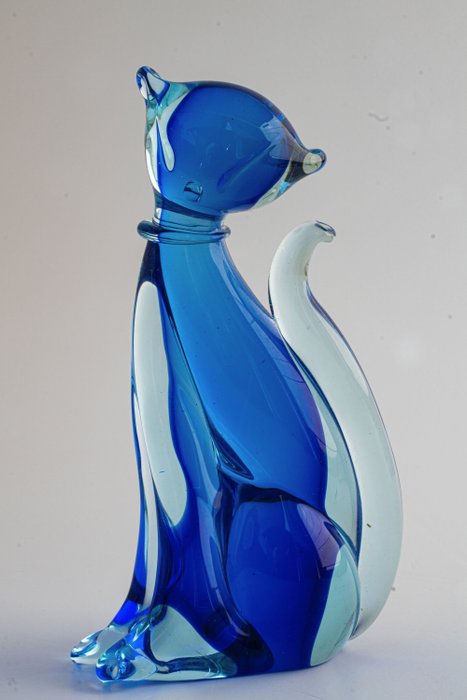 Archimede Seguso - Blue Cat - Sommerso - Høyde 15 cm - Glass