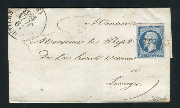Frankreich 1853 - Rare letter from Eymoutiers bound for Limoges with a N°10 - Type 13 date stamp