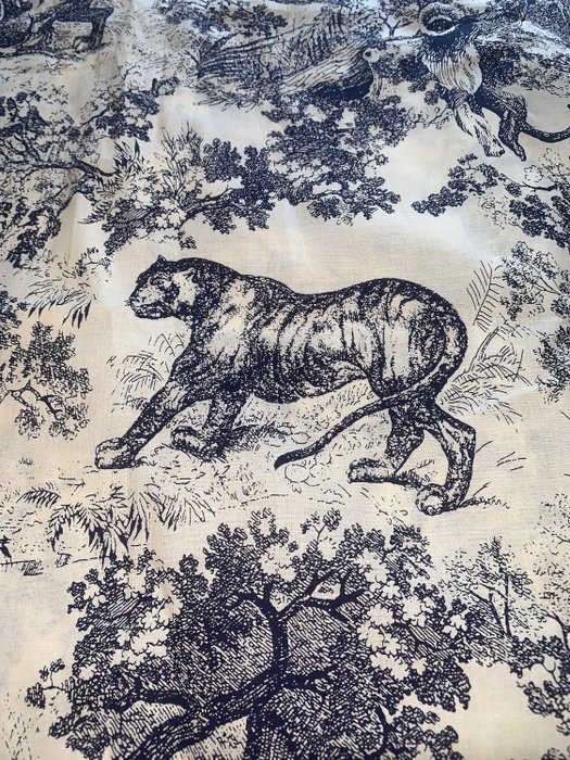 tissu toile de jouy bleu jungle - 270x 140 cm - Coton, Textile - Fin du XXe siècle