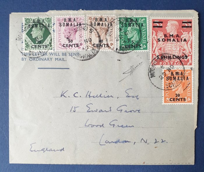 Great Britain - Occupation of Italian colonies (1942-1949) 1949 - ‘B.M.A.’ letter from Mogadishu to London with valuable postage - Sassone N. 10, 12, 15/17, 20