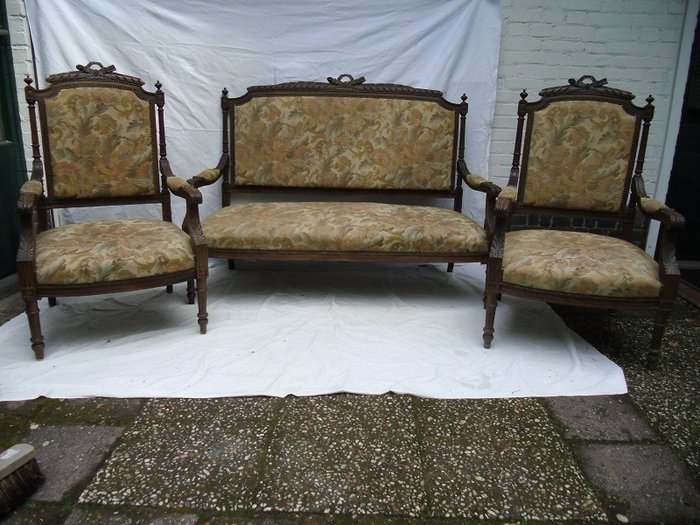 Napoleon III salon set bench and chairs gobelin upholstery (3) - Napoleon III - Wood and dust - Second half 19th century