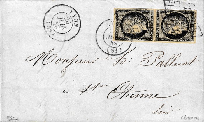 Frankrijk 1849 - Ceres, 20 centimes black on buff in pair on letter. - Yvert n°3