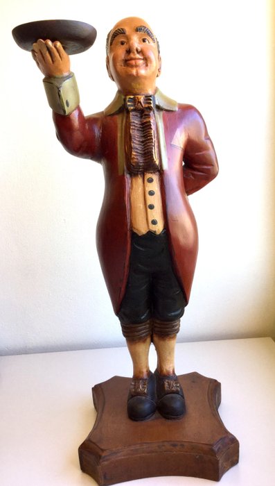 Μεγάλο μασίφ ξύλο άγαλμα σερβιτόρου / μπάτλερ - Ξύλο