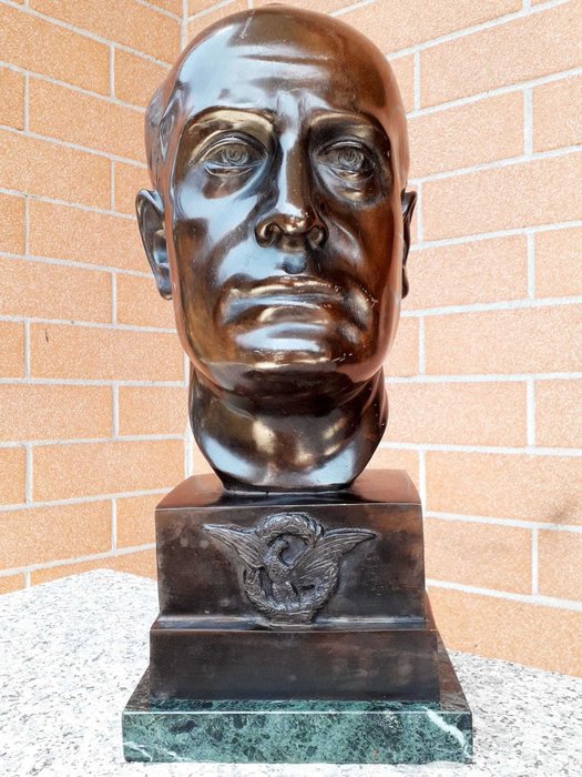 Szobor, Duce fej (Benito Mussolini) - 43 cm - Bronz, Márvány - 21. század első fele