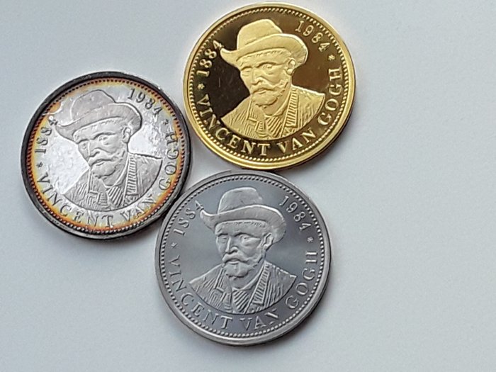 Paesi Bassi - Penningen 'Neunen 100 Jaar - Van Gogh Florijn' (3 stuks)  - Oro, argento, nichel