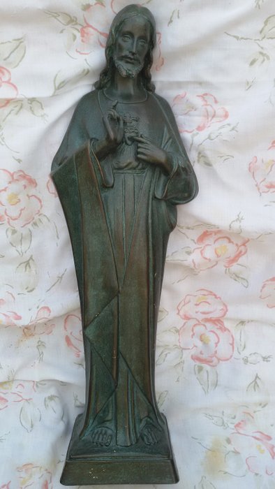 G.Marton - Statua del Sacro Cuore di Cristo in terracotta color bronzo degli anni '30 - Art Déco - Ceramica