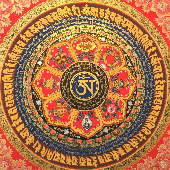 Mandala Mantra und 8 glückverheißende Symbole - Tibetan Thangka Handbemalt - 53 cm - Baumwolle Leinwand und natürliche Farben - Himalaya / Tibet / Nepal - 21. Jahrhundert