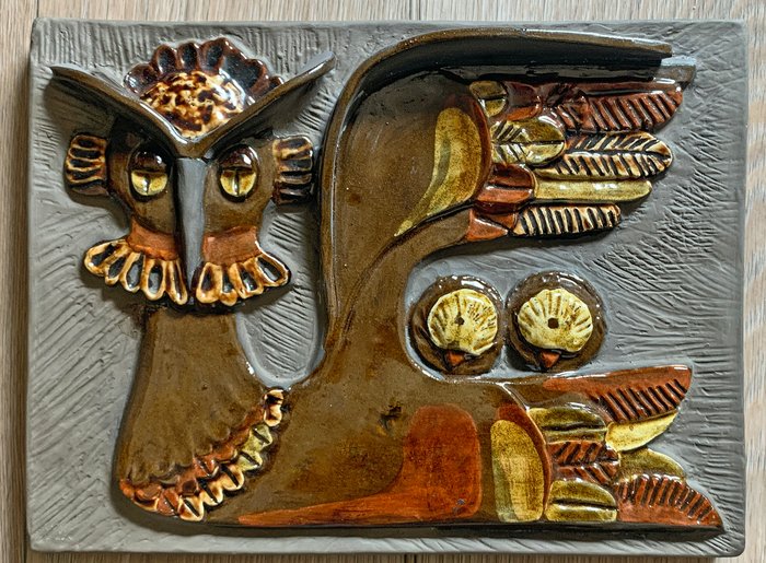 Jie Gantofta Sweden - Ceramic wall plaque with birds /owl - Mid-Century Modern
