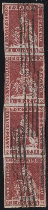 Italiaanse oude staten - Toscane 1851 - 1st issue 1 crazia vertical strip of 4, mute cancellation of Grosseto with 4 bars - Sassone N. 4f