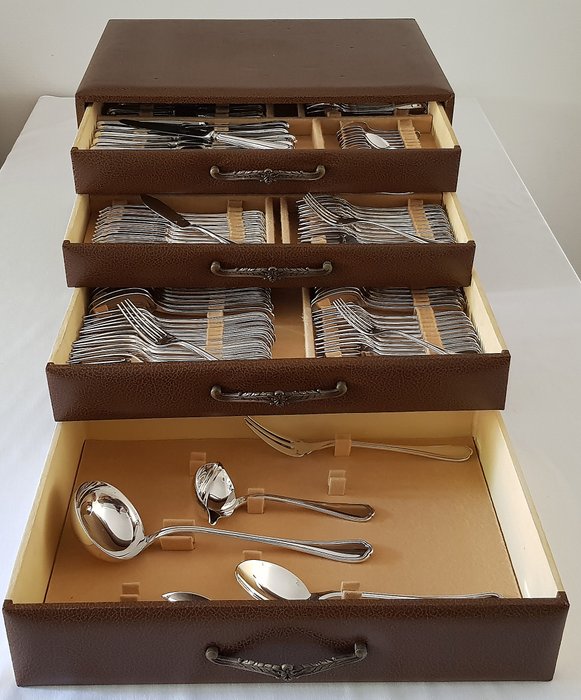 Christofle-Spatours-鍍銀餐具盒-123件/ 12人-完全標記 - 銀盤
