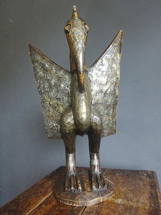 Wooden sacred Senufo bird with gold-plated, silver-plated, copper fittings (1) - Copper, Wood, Silver plated, gilded - Calao vogel - Senufo - Ivory Coast 