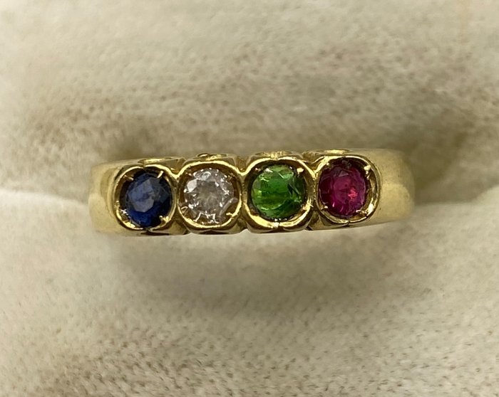 18 克拉 黃金 - 戒指 鉆石 - 祖母綠形, 紅寶石, 藍寶石