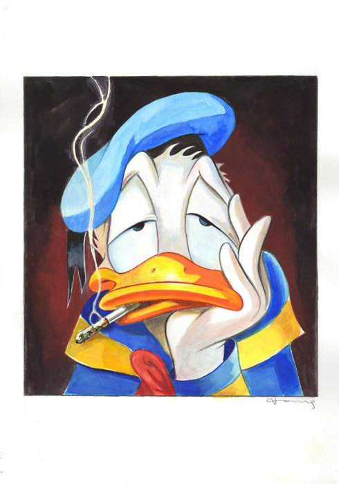 Donald Duck Smoking - Original Painting - Tony Fernandez Signed - Arte acrilica