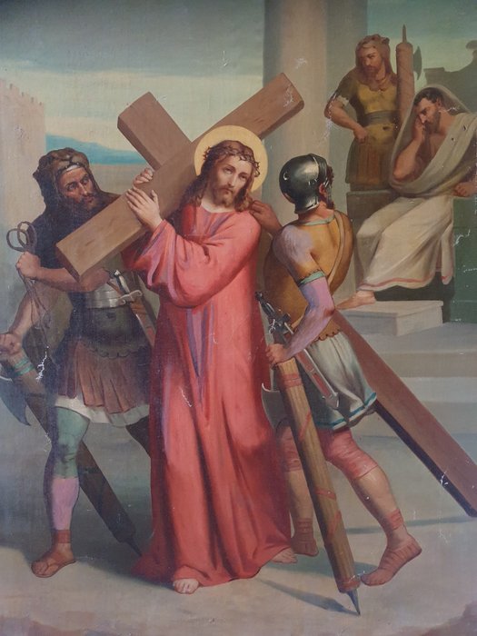 Nagy múzeumi munka "Pilátus Jézus Krisztust a két római katona kezébe adja" - Vallási festmény "olaj, vászon" - Late 19th century
